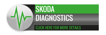 Black, grey and green Skoda Diagnostics call to action button, with image of heart rate monitor