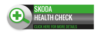 Black, grey and green Skoda Health Check call to action button, with image of magnifying glass
