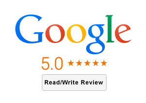 Google Reviews logo with 5.0 star rating, and call to action button