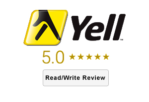 Yell Reviews logo with 5.0 star rating, with call to action button