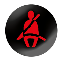 Black circle with red person wearing seat belt