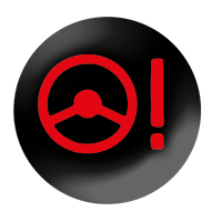Black circle with red steering wheel and red exclamation mark