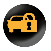 Black circle with a yellow car and padlock