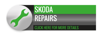 Black, grey and green Skoda Repairs call to action button, with image of spanner