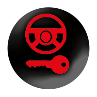 Black circle with red steering wheel and key