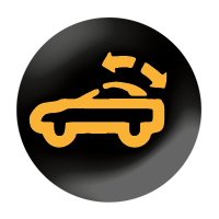 Black circle with yellow outline of a car with arrows showing roof movement